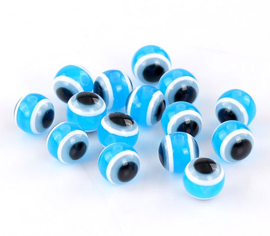 Immagine di Resina Separatori Perline Palla Blu Pavone Occhi Disegno Circa 8mm Dia, Foro: Circa 1.6mm, 300 Pz