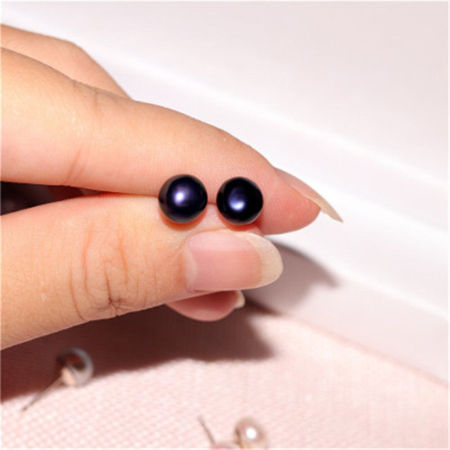 Sterling Silver & Freshwater Cultured Pearl Ear Post Stud Earrings Deep Blue Round 8mm - 7mm Dia., 1 Pair