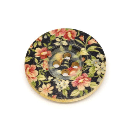 Picture of Multicolor Flower 4 Holes Wood Painting Sewing Buttons Scrapbooking 25mm, sold per packet of 50
