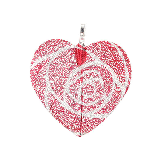 Picture of Brass & Natural Leaf Pendants Heart Silver Plated Hot Pink Flower 46mm(1 6/8") x 41mm(1 5/8"), 2 PCs