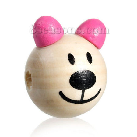 Naturale Legno di Hinoki 3D Perline Orso Rosa Caldo Circa 3cm x2.4cm(1 1/8" x1") - 28mm x24mm(1 1/8" x1"), 5 Pz