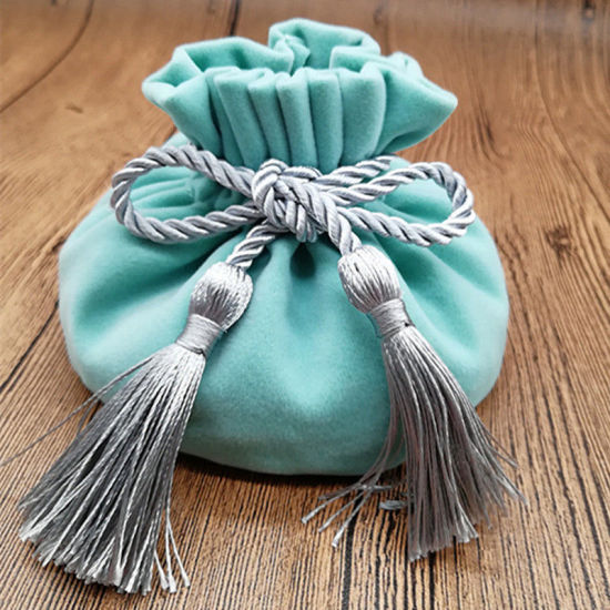 Picture of Polyester Drawstring Bags Round Silver & Green Tassel 17cm x 12cm, 1 Piece