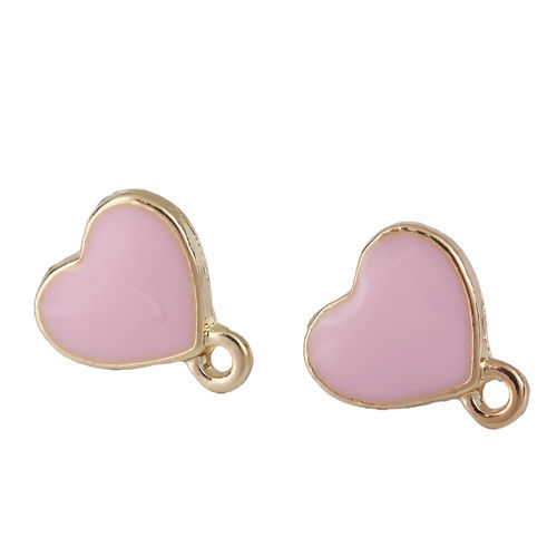 Picture of Zinc Based Alloy Ear Post Stud Earrings Findings Heart Gold Plated Pink Enamel W/ Loop 12mm x 11mm, Post/ Wire Size: (21 gauge), 10 PCs