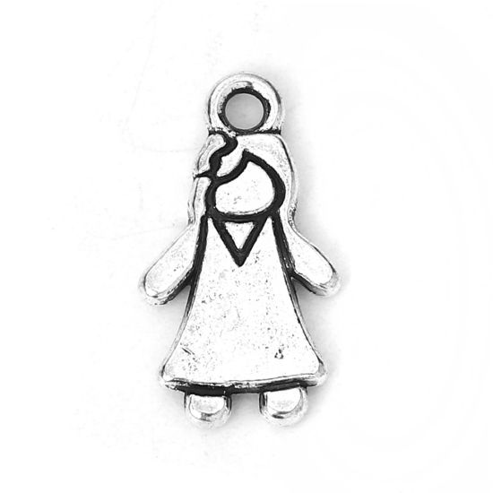 Bild von Zinklegierung Charms Mädchen Antiksilber 18mm x 10mm, 100 Stück