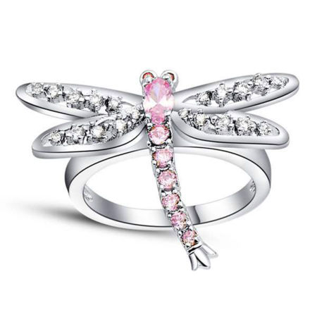 Brass Stylish Unadjustable Rings Dragonfly Animal Pink Rhinestone
