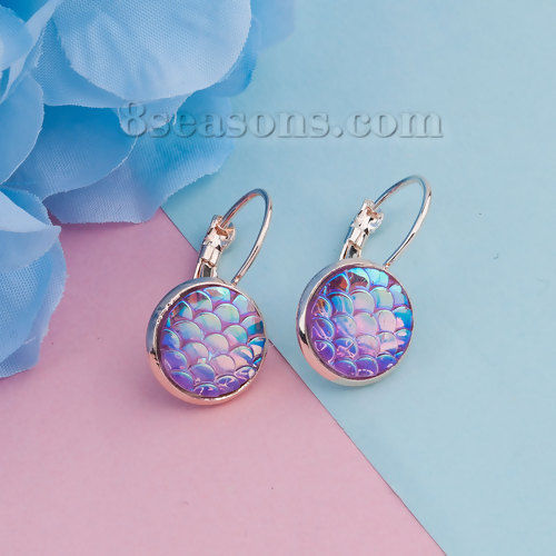 Picture of Resin Mermaid Fish/ Dragon Scale Ear Clips Earrings Rose Gold Purple AB Rainbow Color Round 26mm(1") x 14mm( 4/8"), Post/ Wire Size: (20 gauge), 3 Pairs