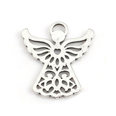 Zinc Based Alloy Charms Angel Antique Silver Color Heart 27mm(1 1/8") x 24mm(1"), 20 PCs