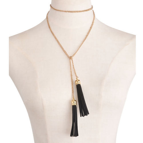 Picture of Y Shaped Lariat Necklace Tassel Gold Plated Black 118cm(46 4/8") long, 1 Piece