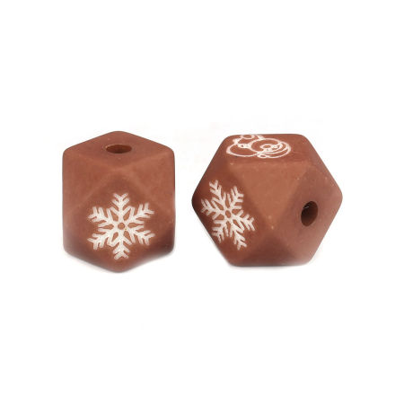 Resin Spacer Beads Octagon Coffee Christmas Snowflake Pattern About 16mm x 16mm, Hole: Approx 3.5mm, 10 PCs