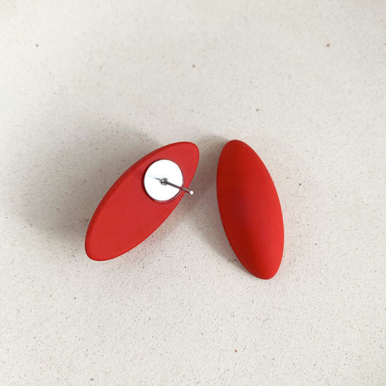 Picture of Ear Post Stud Earrings Red Oval Frosted 67mm x 27mm, 1 Pair