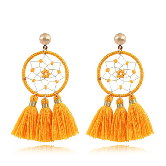 Picture of Tassel Earrings Yellow Dream Catcher 75mm x 32mm, 1 Pair