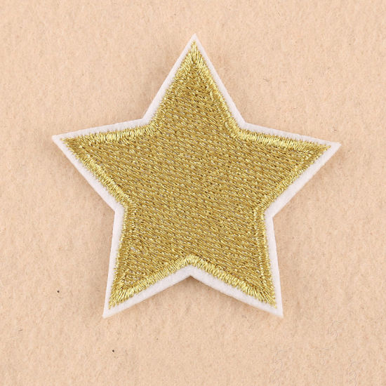 Imagen de Tela Apliques De Hierro Sobre Parches (Con Cola De Espalda) DIY Scrapbooking Craft Amarillo Estrellas de cinco puntos 56mm x 55mm, 10 Unidades