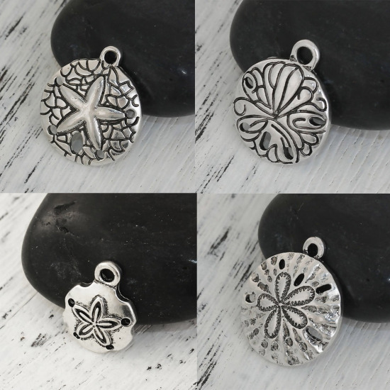 Picture of Ocean Jewelry Zinc Based Alloy Charms Round Antique Silver Color Sand Dollar 23mm( 7/8") x 20mm( 6/8"), 10 PCs