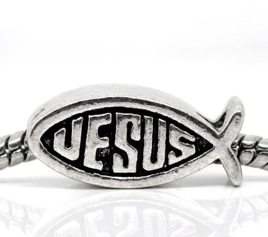 亜鉛合金 ヨーロピアン 大穴 ビーズ 動物 イクトゥス 銀古美 文字 "Jesus" 約18mm x 9mm、 穴：約4.8mm、 10 個 の画像