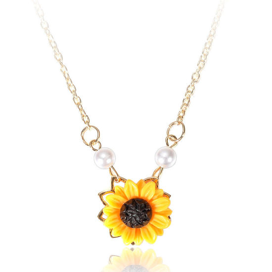 Picture of Necklace Orange Sunflower Imitation Pearl 