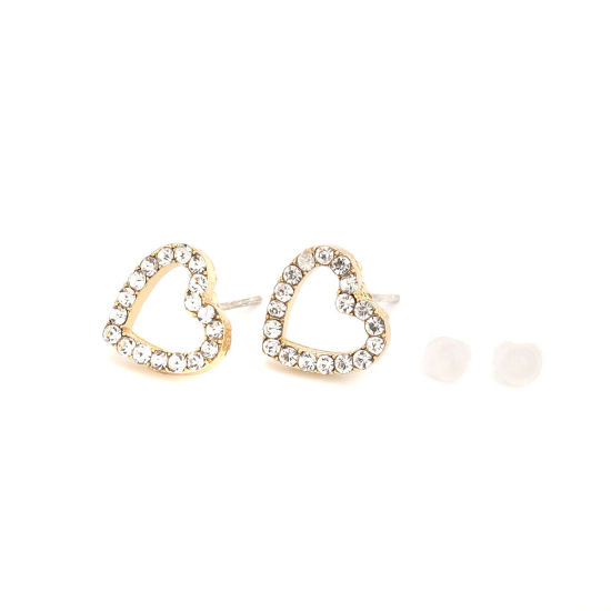 Immagine di Lega di Zinco Orecchini a Perno Tappi di Orecchini Cuore Oro Placcato Filigrana Trasparente Strass 12mm x 11mm, Diametro Filo: (21 misura), 4 Pz