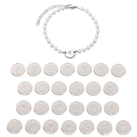 Pulseras Tono de Plata Ronda Mayúscula Letra A Imitación de perla 15cm longitud, 1 Unidad
