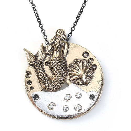 Bild von Zinkbasierte Legierung Taschenuhr Anhänger Runde Meerjungfrau Klarer Strass