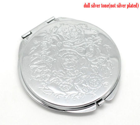 Make Up Pocket Mirror Cosmetic Round Foldable Silver Tone