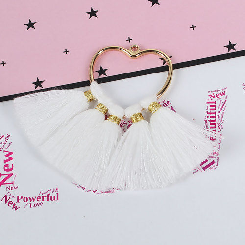 Immagine di Cotone Ciondoli Nappine Cuore Oro Placcato Bianco Circa 75mm x 55mm, 4 Pz