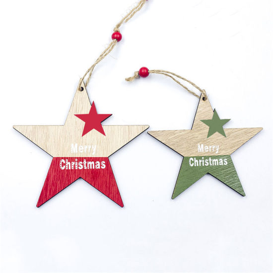 Picture of Red & Green - Style1 2PCS Wooden Christmas Pendants Decorations Ornaments Gift Xmas Tree Hanging Cute Star