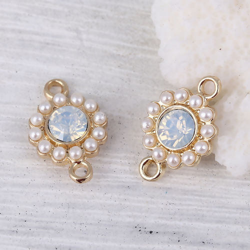 Immagine di Lega di Zinco Stile del Carattere della Corte Reale Connettore Accessori Tondo Oro Placcato Bianco Imitata Perla Zaffiro Chiaro Strass 17mm x 11mm, 5 Pz