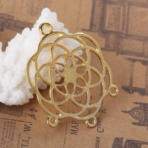 Imagen de Zamak Flor de la vida Conectores de Araña Flor Chapado en Oro Hueco 33mm x 25mm, 20 Unidades
