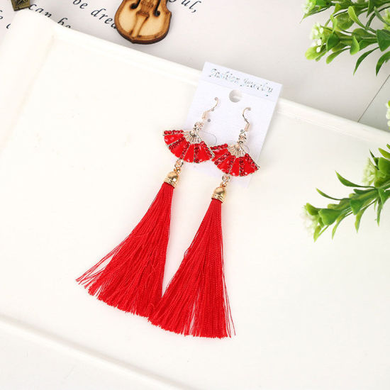 Picture of Tassel Earrings Red Fan-shaped 1 Pair