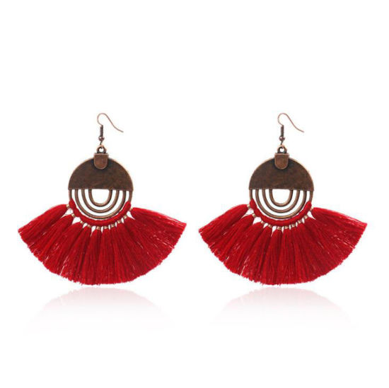 Picture of Polyester Tassel Earrings Antique Copper Red Fan-shaped Round 80mm x 30mm, 1 Pair