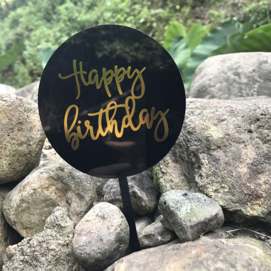 Picture of Acrylic Cupcake Picks Toppers Round Black " HAPPY BIRTHDAY " 15cm x 9.8cm, 1 Piece