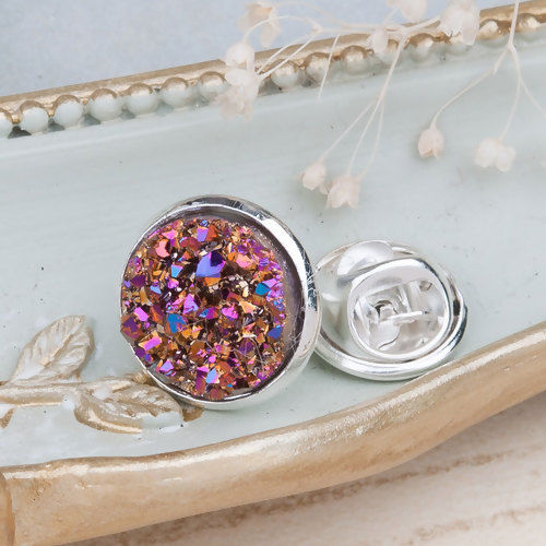 Picture of Resin Druzy /Drusy Tie Tac Lapel Pin Brooches Round Silver Plated Fuchsia AB Color 14mm( 4/8") Dia., 1 Piece