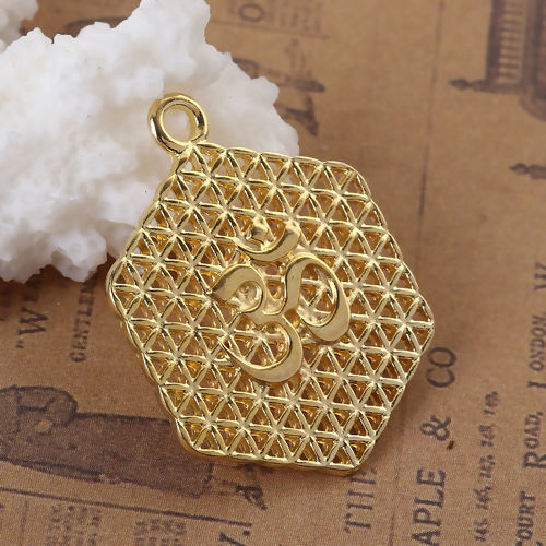 Image de Pendentifs Fleur de Vie en Alliage de Zinc Hexagone Yoga OM Creux Doré 30mm x 23mm, 10 Pcs