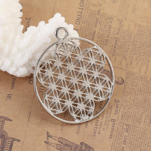 Imagen de Zamak Flor de la vida Colgantes Ronda Tono de Plata Hueco 40mm x 35mm, 10 Unidades