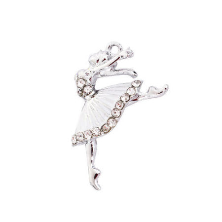 Zinc Based Alloy Charms Ballerina Silver Tone Clear Rhinestone White Enamel 28mm(1 1/8") x 18mm( 6/8"), 10 PCs