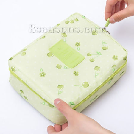 Oxford Fabric Makeup Wash Bag Rectangle Green Cherry 21cm(8 2/8") x 16.5cm(6 4/8"), 1 Piece