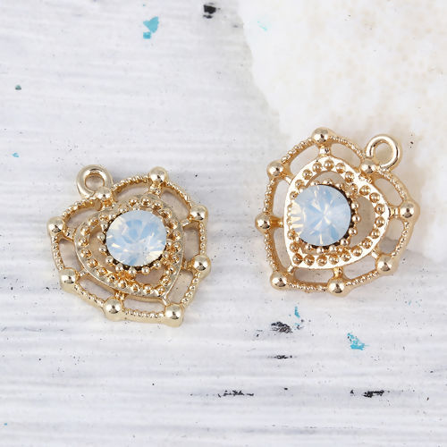 Picture of Zinc Based Alloy Style Of Royal Court Character Charms Heart Gold Plated Light Blue Rhinestone 18mm( 6/8") x 15mm( 5/8"), 10 PCs