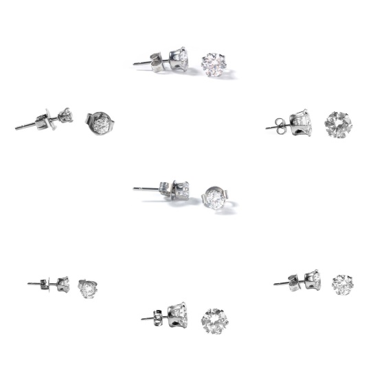 Imagen de 304 Acero Inoxidable & Circón Artificial Pendientes Tono de Plata Transparente Ronda 4mm x 3mm, Post/ Wire Size: (20 gauge), 1 Par