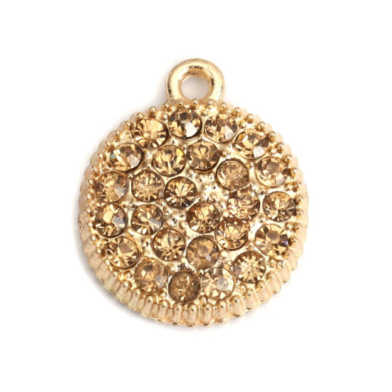 Picture of Zinc Based Alloy Micro Pave Charms Round Gold Plated Gear Champagne Rhinestone 20mm x 17mm, 5 PCs