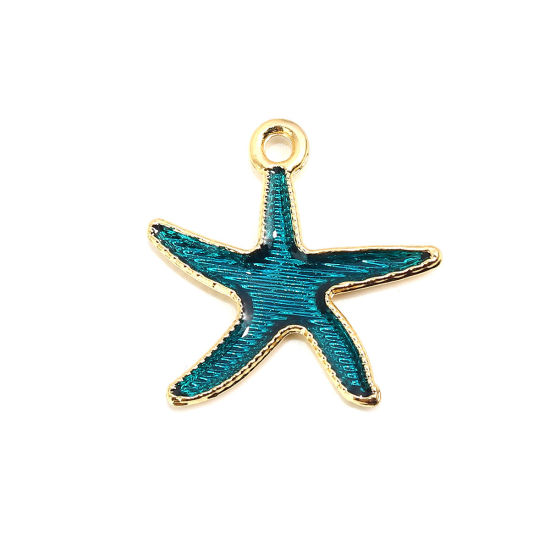 Imagen de Zamak Joyería del océano Colgantes Charms Estrella de mar Chapado en Oro Verde Azul Brillo 25mm x 25mm, 10 Unidades