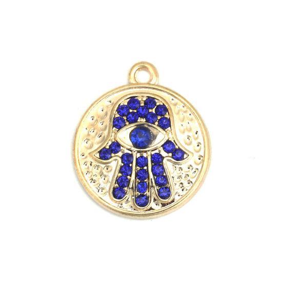 Picture of Zinc Based Alloy Charms Round Gold Plated Hamsa Symbol Hand Blue Rhinestone 24mm x 20mm, 5 PCs