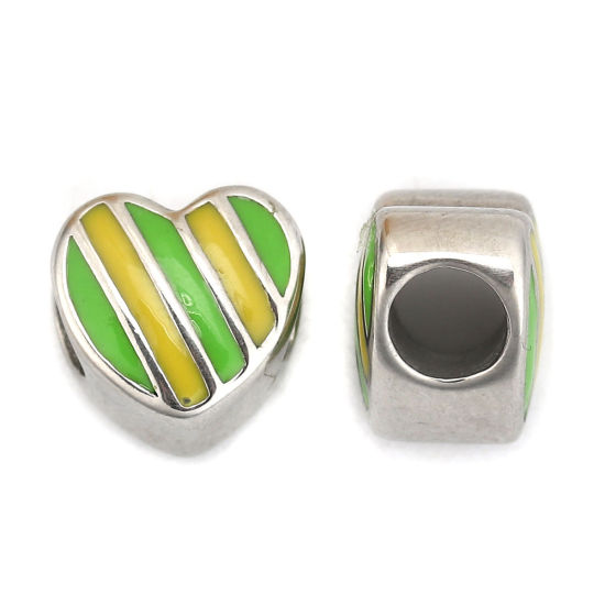 Imagen de 304 Acero Inoxidable Fundición Cuentas Corazón Tono de Plata Verde & Amarillo Raya Esmalte 11mm x 11mm, Agujero: Aprox 4.8mm, 1 Unidad
