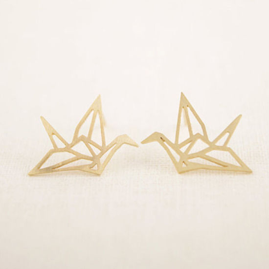 Picture of Ear Post Stud Earrings Gold Plated Origami Crane 10mm x 5mm, 1 Pair