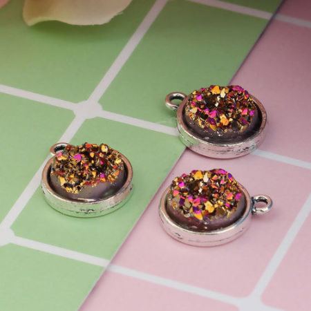 Aleación de Zinc del metal + Resina Druzy/ Drusy Colgantes Charms Ronda Plata Antigua Fucsia AB Color 18mm x 15mm, 20 Unidades