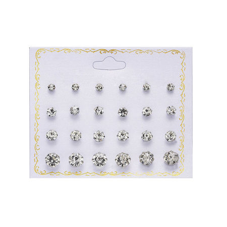 Ear Post Stud Earrings Set Round Clear Cubic Zirconia 8mm Dia. - 5mm Dia., 1 Set ( 12 PCs/Set)