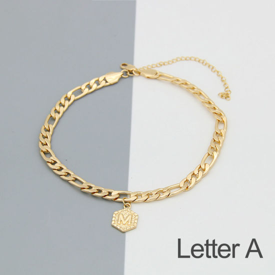 Picture of Copper Anklet Gold Plated Hexagon Initial Alphabet/ Capital Letter Message " A " Plating 24cm(9 4/8") long, 1 Piece