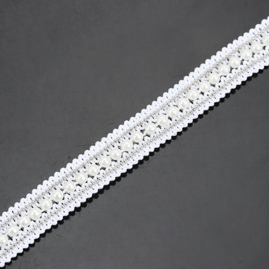 Picture of Polyamide Nylon Lace Trim White Imitation Pearl Silver Ball Chain 19mm( 6/8"), 1 Yard