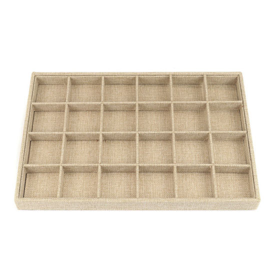 Picture of Wood & Linen Flocked 24 Compartment Ring Dish Jewelry Display Tray Insert Rectangle Flaxen Detachable 35cm(13 6/8") x 24cm(9 4/8"), 1 Piece