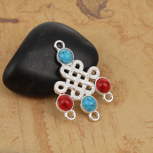 Imagen de Zamak Bohemia Conectores de Araña Nudo Chino Chapado en Oro Rojo & Azul Imitación de turquesa 38mm x 28mm, 10 Unidades