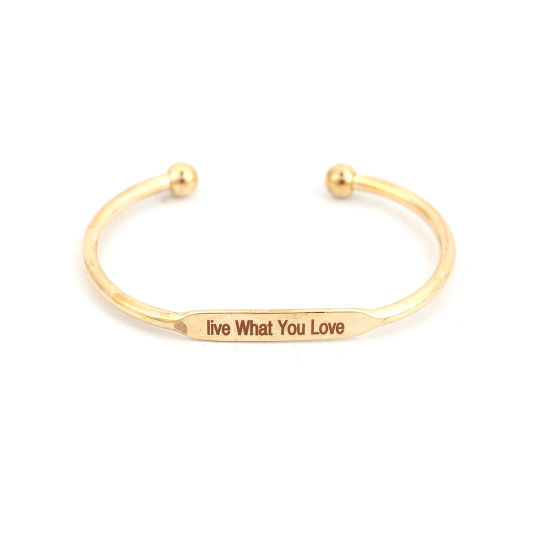 Picture of Brass Open Cuff Bangles Bracelets Rectangle Gold Plated Message " live What You Love " 15cm(5 7/8") long, 1 Piece                                                                                                                                             
