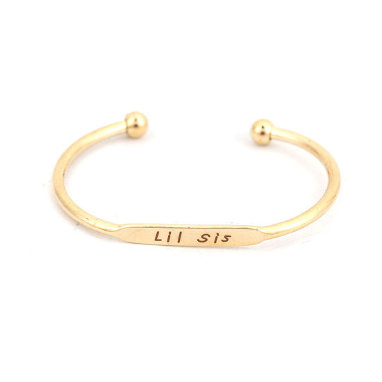 Picture of Brass Open Cuff Bangles Bracelets Rectangle Gold Plated Message " Lil Sis " 15cm(5 7/8") long, 1 Piece                                                                                                                                                        